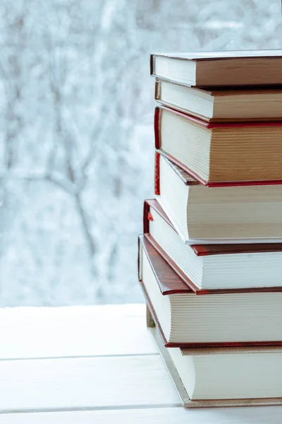 Ev kütüphanesi. Eski renkli kitaplar, ormanın arka planına karşı ahşap bir rafta durur.