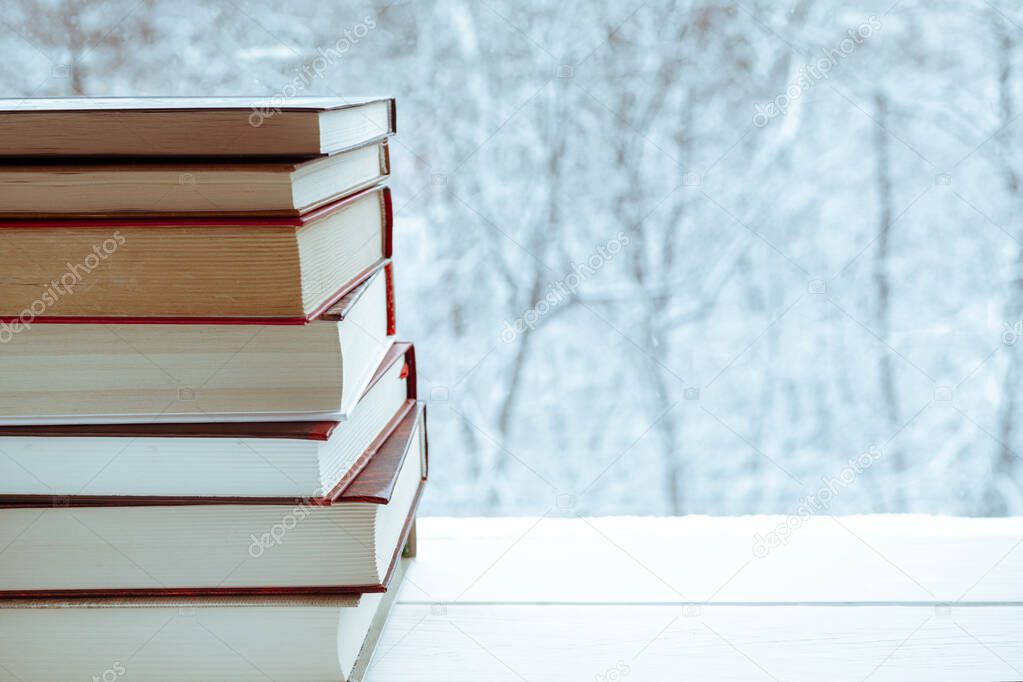 Home library. Old multi-colored books stand on a wooden shelf against the backdrop of the winter forest