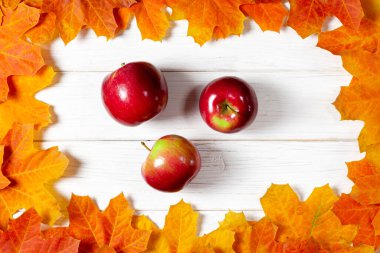 Elmaların sonbahar hasadı beyaz bir ahşap masada yatar. Sonbahar yaprakları