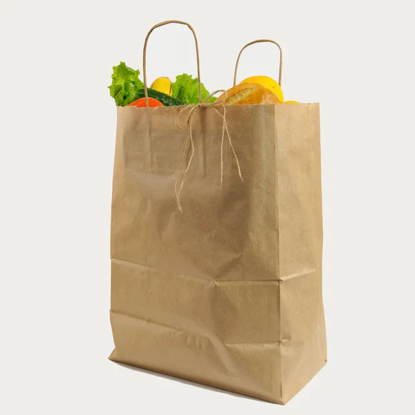 Brązową Papierową Torbę Warzywami Recyklingowi Opakowanie Świeżej Żywności Ekologicznej Białym — Zdjęcie stockowe