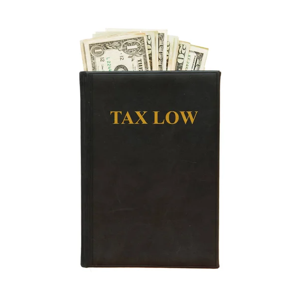 Black Book Money Inscription Tax Low White Background — Stock Photo, Image