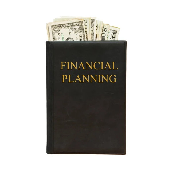 ブラック ブックと白い背景の上の碑文の財務計画とお金 — ストック写真
