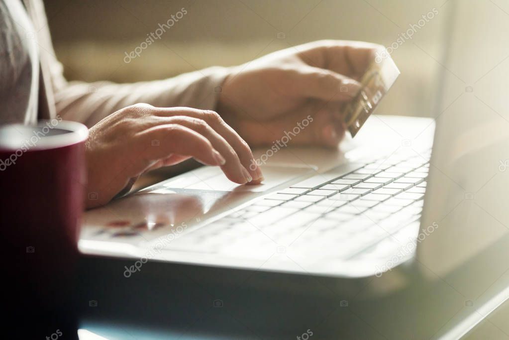 Female doing online shopping with credit card.