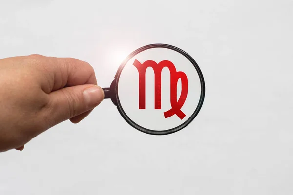 Illustration of a magnifying glass focusing on the Red Virgo Zodiac Sign.