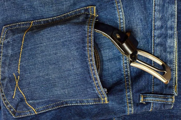 Blue Jeans Leather Belt Twisted Pocket — Stock Photo, Image