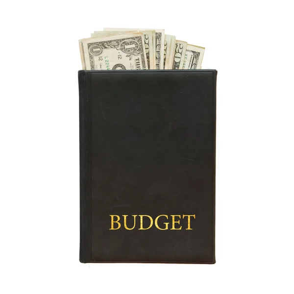 Livro Preto Com Dinheiro Orçamento Inscrição Fundo Branco — Fotografia de Stock