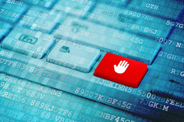 Rote Taste Mit Stoppalmsymbol Auf Blauer Digitaler Laptop Tastatur — Stockfoto