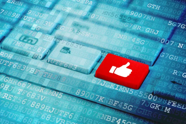 Rote Taste Mit Daumen Hoch Symbol Auf Blauer Digitaler Laptop — Stockfoto