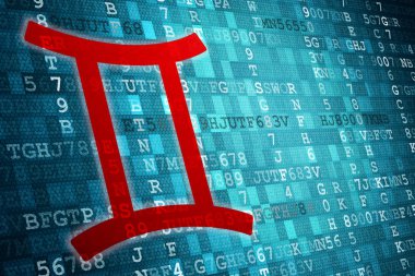 Kırmızı mavi dijital arka plan üzerinde ikizler burç. Kopya alanı.