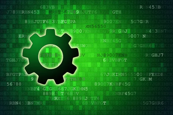 Data concept: Gear on green digital background with copyspace.