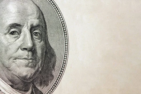 Zbliżenie Dolarów Benjamin Franklin Portret Stu Dolarowy Banknot Miejsca Kopii — Zdjęcie stockowe