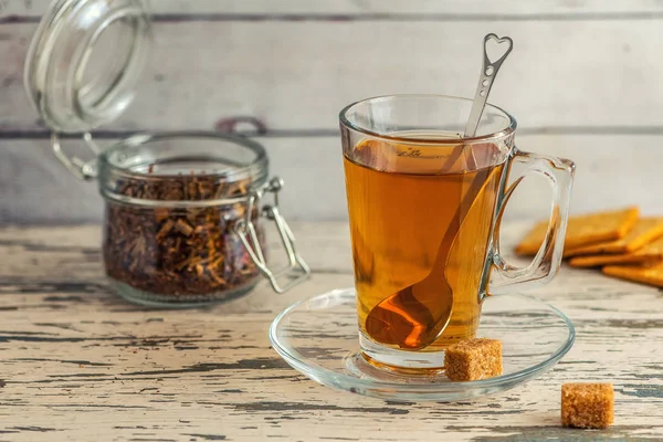 Taza Tilo Con Azúcar Caña Sobre Fondo Madera Gris —  Fotos de Stock