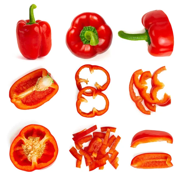 Set Fresh Whole Sliced Bell Pepper Isolated White Background Top — Stock Photo, Image
