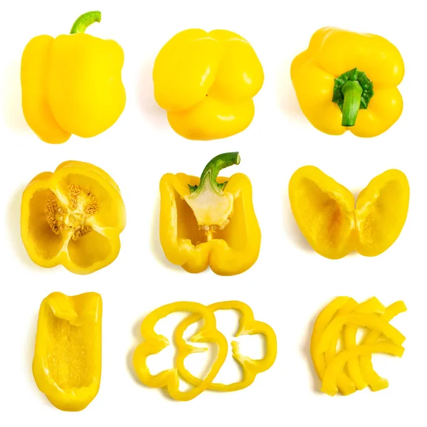 Set Frischer Ganzer Und Scheiben Geschnittener Gelber Paprika Isoliert Auf — Stockfoto
