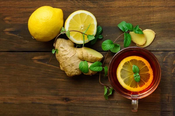 Ginger Tea Lemon Dark Wooden Background Top View — Stock Photo, Image