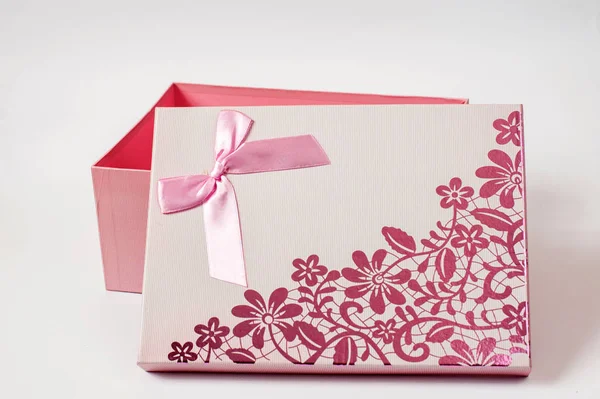 Open Pink Gift Box Ribbon Bow Isolated White — Stock Photo, Image