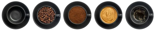 Visão Superior Cinco Xícaras Diferentes Estágios Preparação Cappuccino Isolado Fundo — Fotografia de Stock