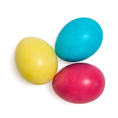 Three colorful easter eggs isolated on a white. Top view.