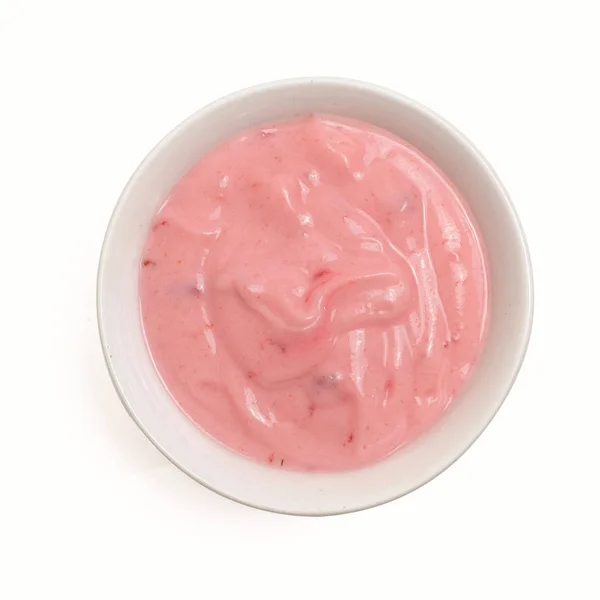 Schüssel Erdbeerjoghurt Isoliert Auf Weißem Hintergrund Von Oben — Stockfoto