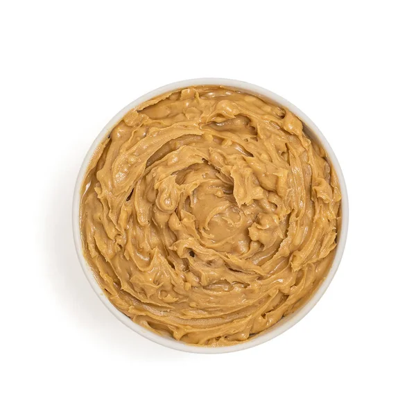 Erdnussbutter Schüssel Isoliert Auf Weißem Hintergrund Ansicht Von Oben — Stockfoto