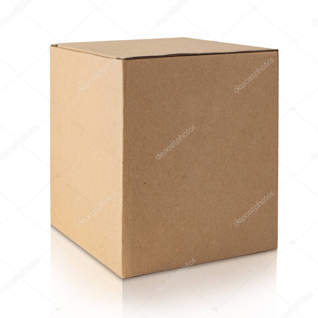 Cardboard box isolated on white background. Side view.