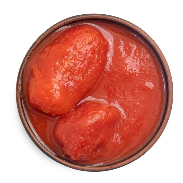 Tomate Enlatado Cuenco Marrón Con Tomates Pelados Propio Jugo Aislado —  Fotos de Stock