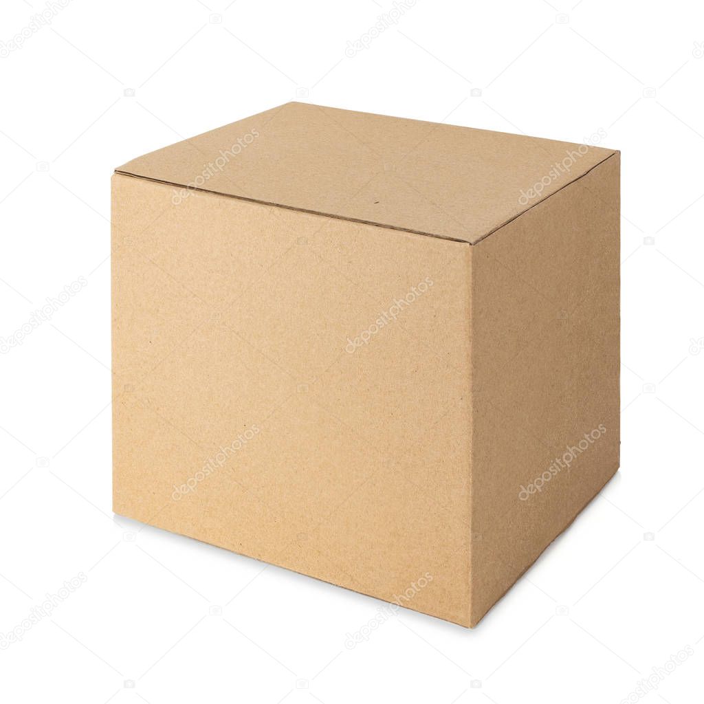 Cardboard box isolated on white background. Side view.