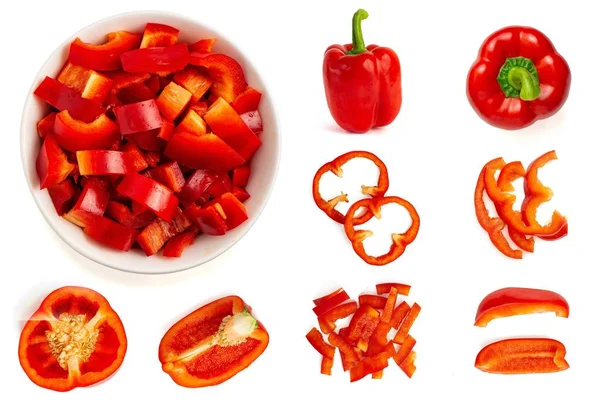 Set Frischer Ganzer Und Scheiben Geschnittener Paprika Isoliert Auf Weißem — Stockfoto