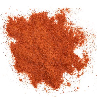 Yığın kırmızı biber beyaz arka plan üzerinde izole yer. Üstten Görünüm