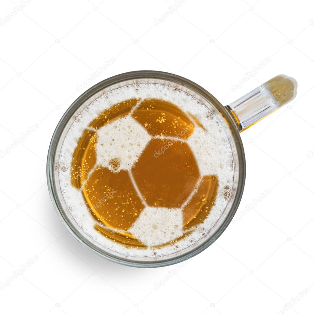 Soccer or football ball sign on the beer foam in glass, isolated on white background. Top view