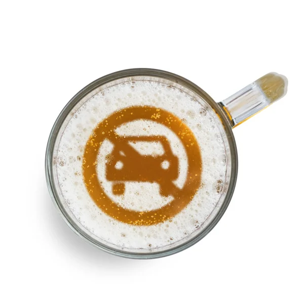 Concept of safe driving. Sign not allow Car access on the beer foam in glass. Isolated on white. Top view — Stock Photo, Image