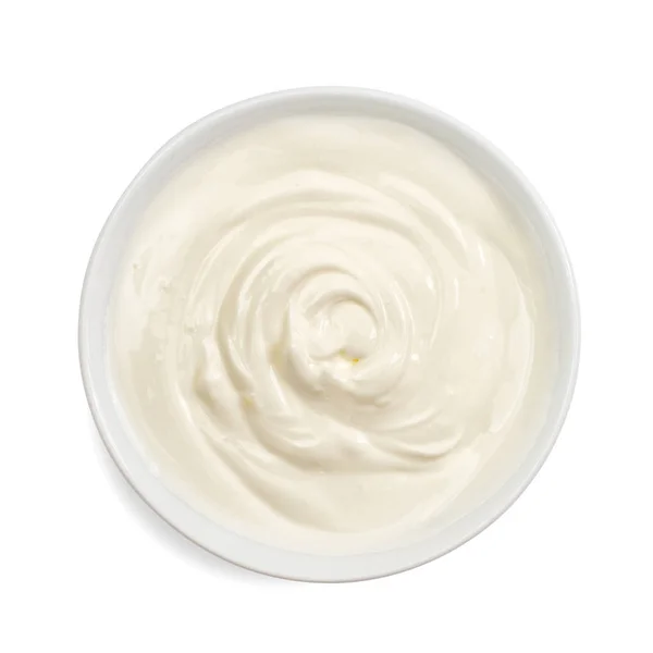 Creme de leite em tigela, maionese, iogurte, isolado em fundo branco. Vista superior . — Fotografia de Stock