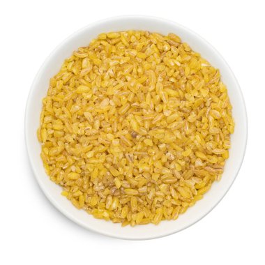 Beyaz arka planda izole bulgur kase. Üst görünüm