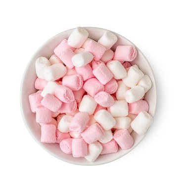 Beyaz arka plan üzerinde izole kase beyaz ve pembe Kabarık marshmallows. Üstte görüntü
