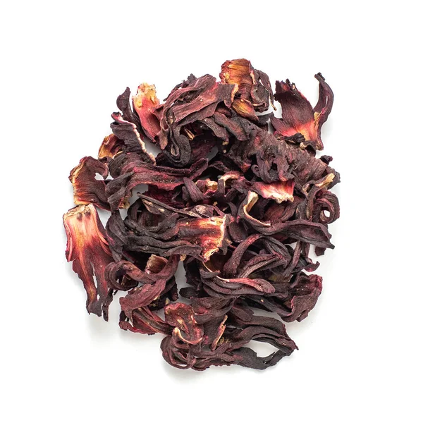 Heap of dried hibiscus petals isolated on white background. Red tea, karkade. Top view — Stock Photo, Image