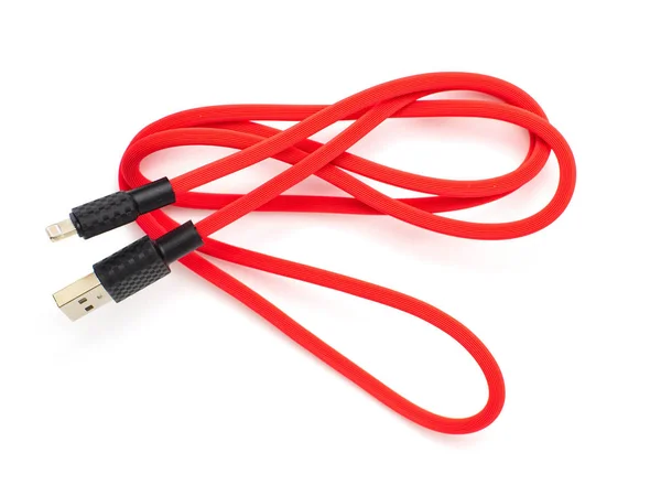 Red USB cable for smartphone isolated on white background. Top view — Stock Photo, Image