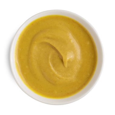 Beyaz seramik kase hardal sosu beyaz arka plan üzerinde izole. Üstte görüntü