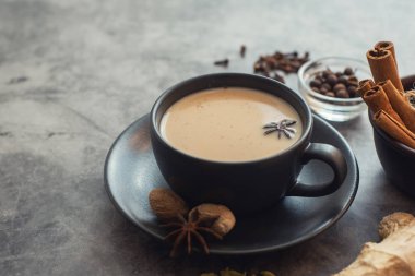 Malzemelerle geleneksel hint masala chai çay Kupası: tarçın, kakule, anason, hindistan cevizi