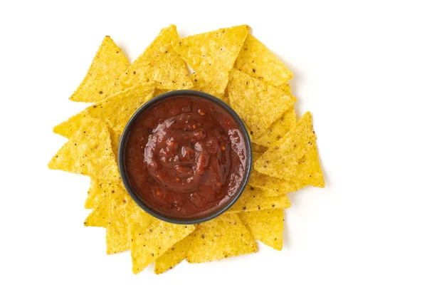 Nachos corn chips with fresh homemade salsa in dark bowl. Isolated on white background. Top view — Stock Photo, Image