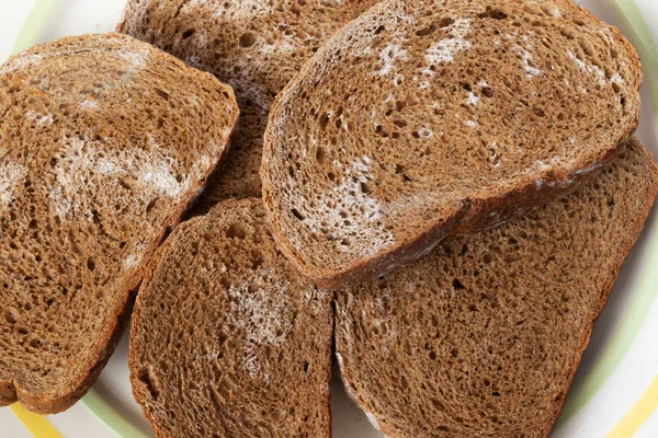 Plasterki chleb żytni pokryte pleśnią. — Zdjęcie stockowe