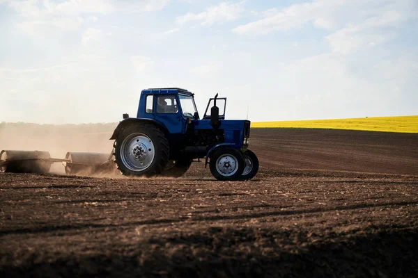 Agricultural work on field with black soil. Blue tractor riding and seeding countryside. Rural works in spring. Environmental protection concept. Ecological products cultivation. Natural background.