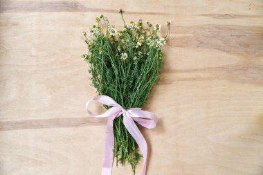 Ahşap masa üzerinde pembe kurdeleyle bağlanmış yeşil saplı küçük beyaz papatya çiçekleri. Vahşi çiçeklerin doğal arka plan resmi. Şiirler, mektuplar, romantik notlar için ekolojik doku.