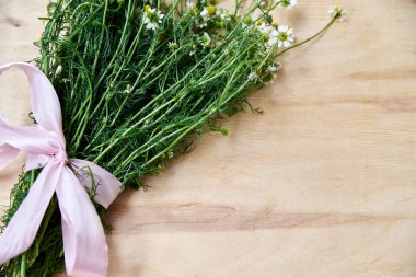 Ahşap masa üzerinde pembe kurdeleyle bağlanmış yeşil saplı küçük beyaz papatya çiçekleri. Vahşi çiçeklerin doğal arka plan resmi. Şiirler, mektuplar, romantik notlar için ekolojik doku.