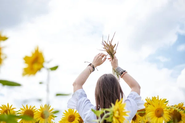 若いブルネットの女性は 黄色のひまわり畑の真ん中に立って 小麦の茎を保持し リラックスしたBohoヒッピーの服を着て 自然の背景に創造的な女性の肖像画 エコツーリズム — ストック写真