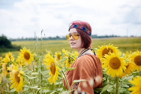 Young Woman Red Burgundy Hair Wearing Boho Hippie Clothes Yellow — Stock Photo, Image