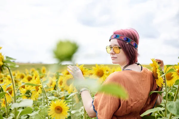 Young Woman Red Burgundy Hair Wearing Boho Hippie Clothes Yellow — Stock Photo, Image