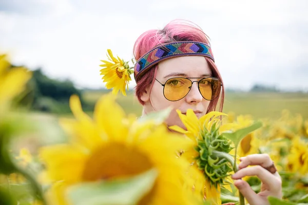 Young Woman Red Burgundy Hair Wearing Boho Hippie Clothes Yellow — Stock Photo, Image