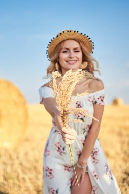 Sarışın, uzun, romantik bir elbise ve hasır şapka giyen, elinde kurutulmuş çim buketi tutan yazın tarlada buğday balyasının önünde poz veren genç bir kadın. Doğal arka planda kadın portresi.