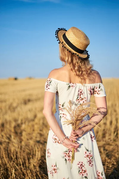 Young Blond Woman Wearing White Romantic Dress Straw Hat Back — Stock Photo, Image