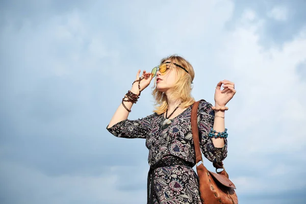 Young Blond Hippie Woman Wearing Boho Style Dress Yellow Sunglasses — Stock Photo, Image